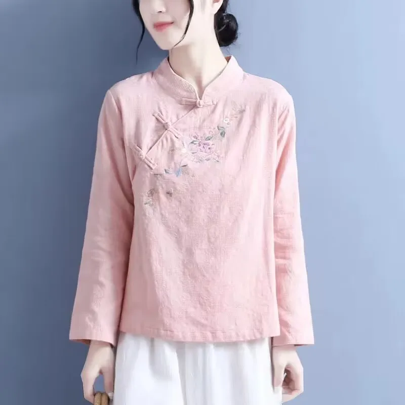 2023 Chinese Style Embroidered Long Sleeve Shirt Women Cotton Linen Stand Collar Clothing Vintage Casual Shirts Hanfu Tops 4XL