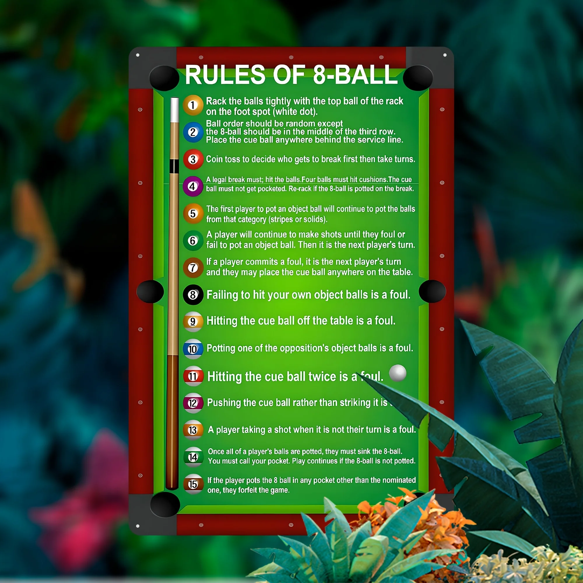 Vintage 8-Ball Rules Metal Sign - , Waterproof,Durable Iron Wall Art for Home, Bar, Cafe, Garage Easy to Hang, Perfect Poo