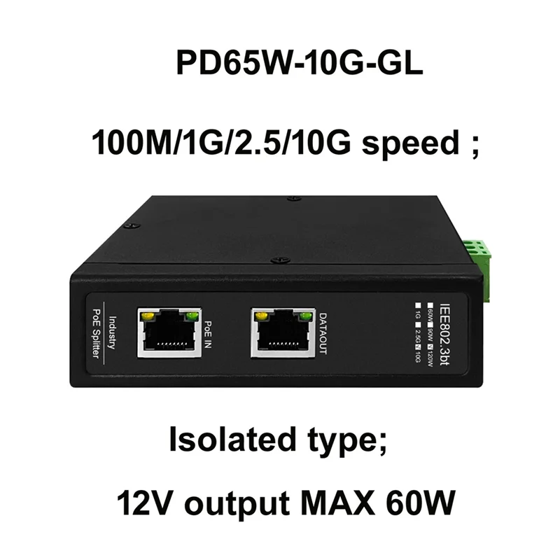 A95Q-Industrial 10Gbe POE Splitter 60W 6KV Surge Protection, Optional Port Isolation& Power Output DC 24V