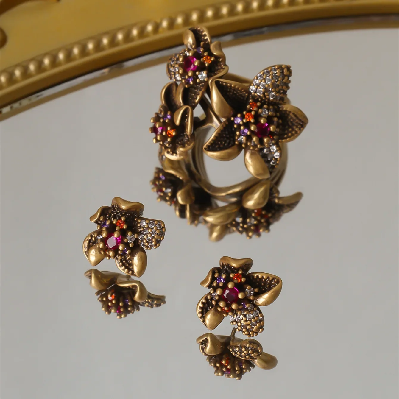 European and American Retro Flower Earrings and Rings Set Flower Stamens Colored Zircon Fashion Niche Rings for Women