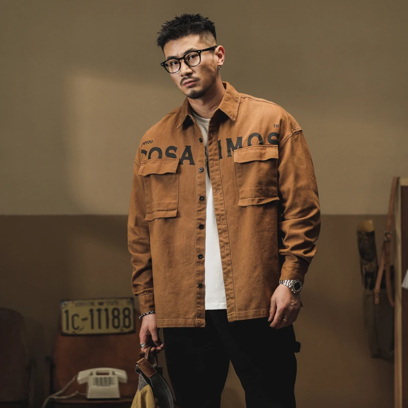 

American Sle Heavyweight Retro Cotton Work irt Men's Loose Hunting irt Jaet Trendy Spring Long Sve Youth ulari