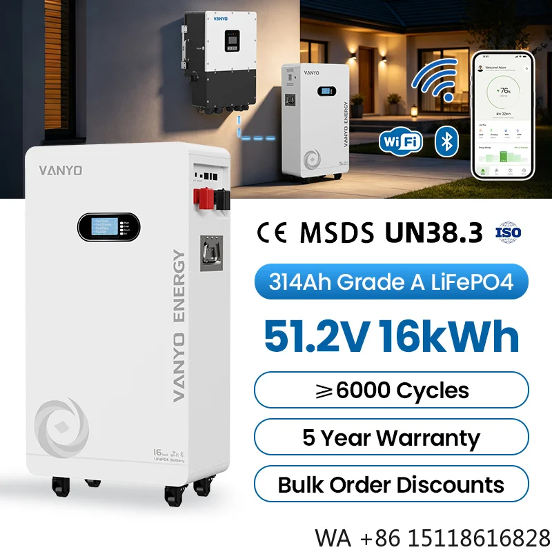 VANYO 16kWh Powerwall 51.2V 314Ah Lithium Battery Solar Energy Storage Compatible 99%  Inverter
