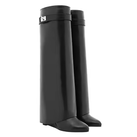 Women's Wedge Boots Knee High Cow Horn Buckle Round Toe, Wide Calf European Winter Riding Equestrian Style Metal Decor