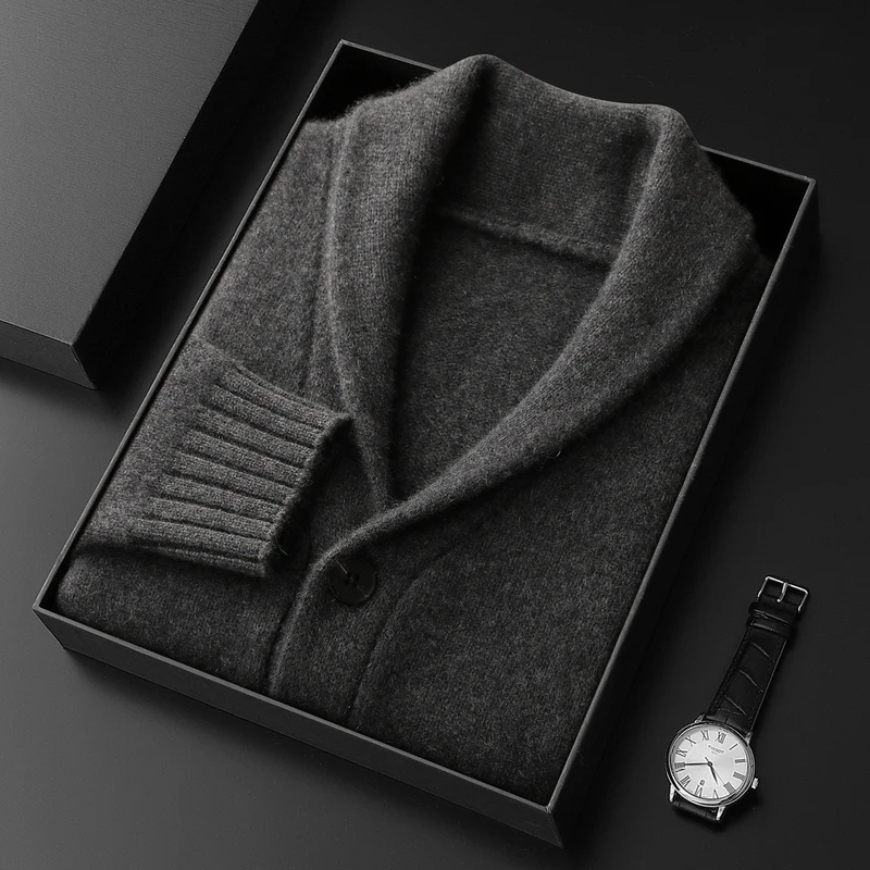 

Высококачественный мужской свитер из 100% кашемира, кардиган с шалевым воротником, пальто, толстая теплая одежда, осенне-зимний элегантный повседневный кашемировый трикотаж