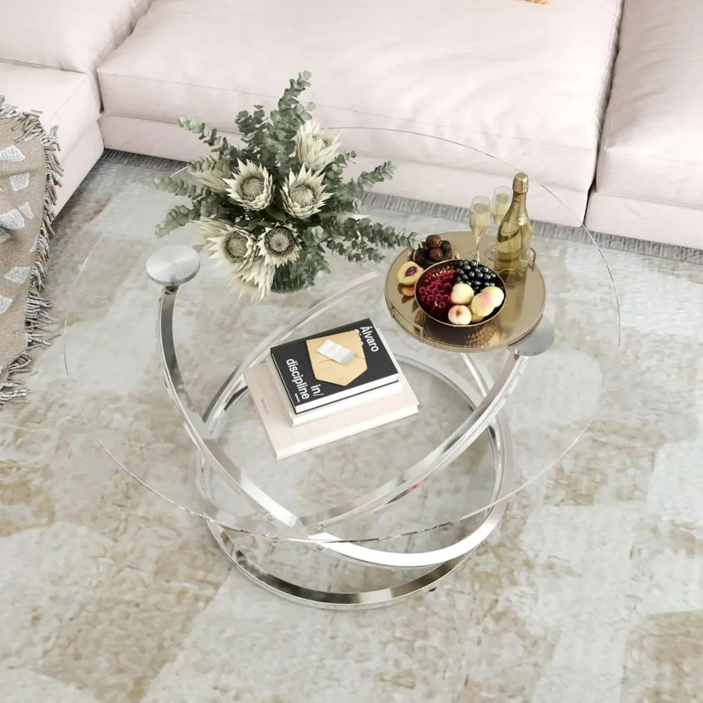 

31" Glass Coffee Table, Modern End Table with Ring Silver Metal Frame, Round Glass Coffee Table for Decoration, Small Silver Cof