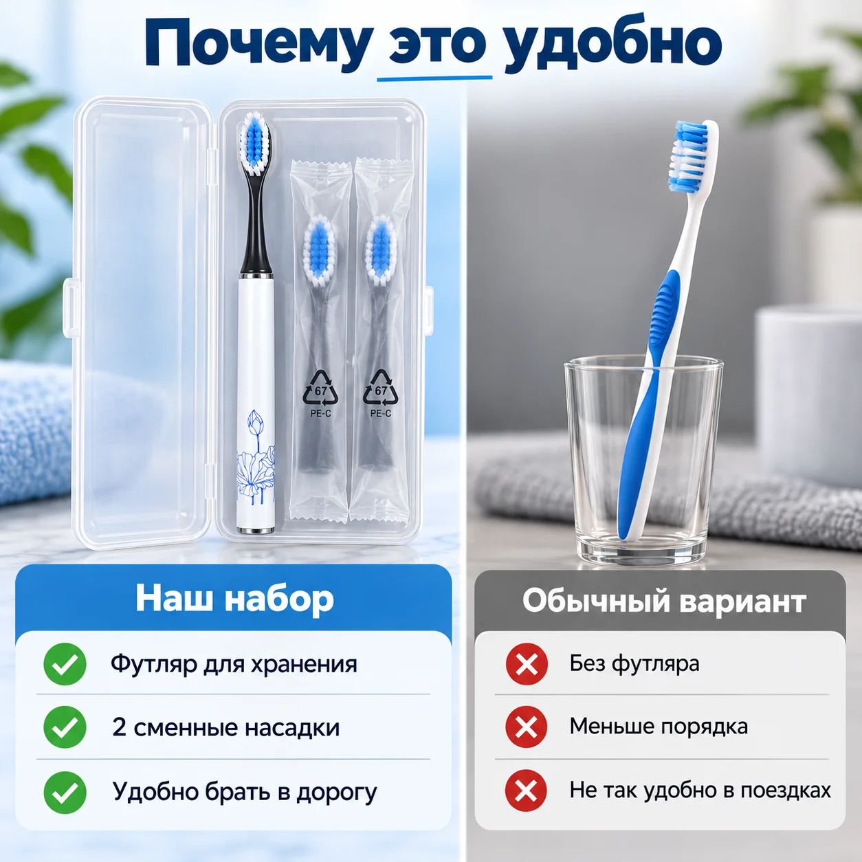 Portable Travel Toothbrush Set with 2 Replacement Heads and Protective Case, Compact Toothbrush Kit for Adults, Travel, Camping, Hotel, Office & Business Trips