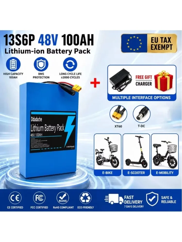 100% Brandneuer Original 48V 100000mAh 13S6P Lithium-Akku 2000W für Citycoco Elektroroller und große Drohnenbatterie, mit integriertem 50A Intelligent BMS+54.6V2A Ladegerät