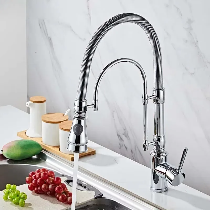 Modern Brass Water Spring Kitchen Faucets Cold and Hot Single Handel  Single Lever Pull Down Sprayer Kitchen Faucets Sink Taps