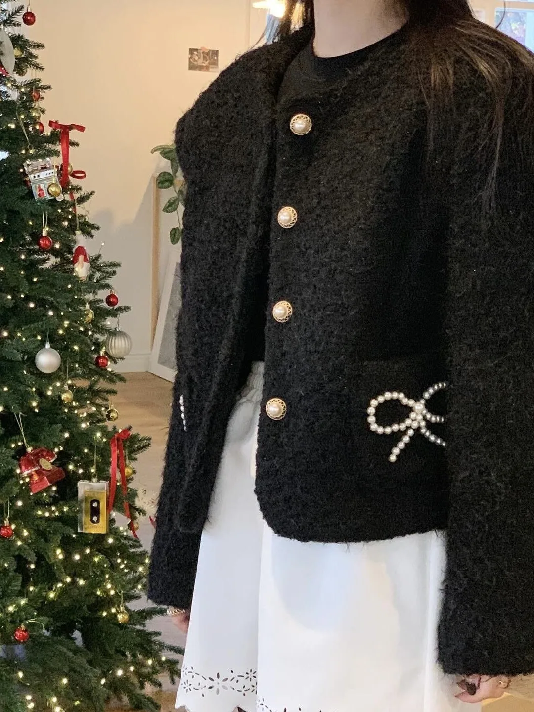 Elegant Tweed Jacket Women's Autumn Winter New Style Pearl Embellished  Knot High-End Feel Good Looking Coat Top