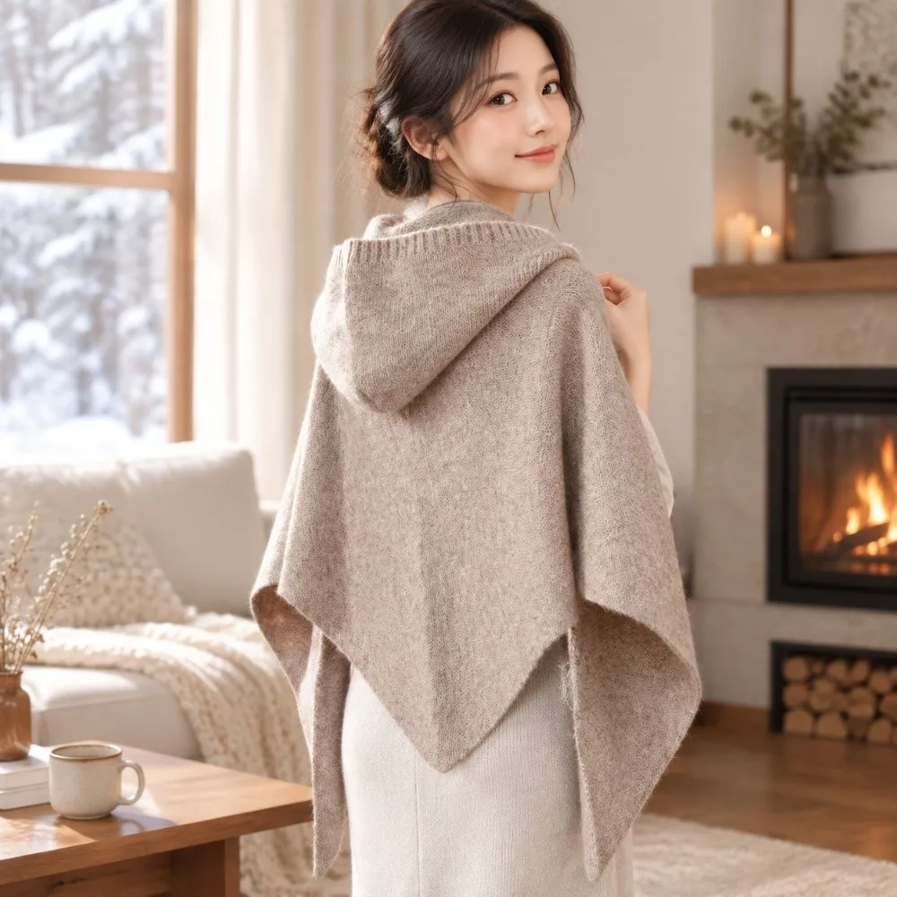 Wool Blend Hooded Triangle Scarf Thick Knit Elegant Style Winter Knitted Cape Flexible Drape Lightweight Feel Women Shawl Warmer