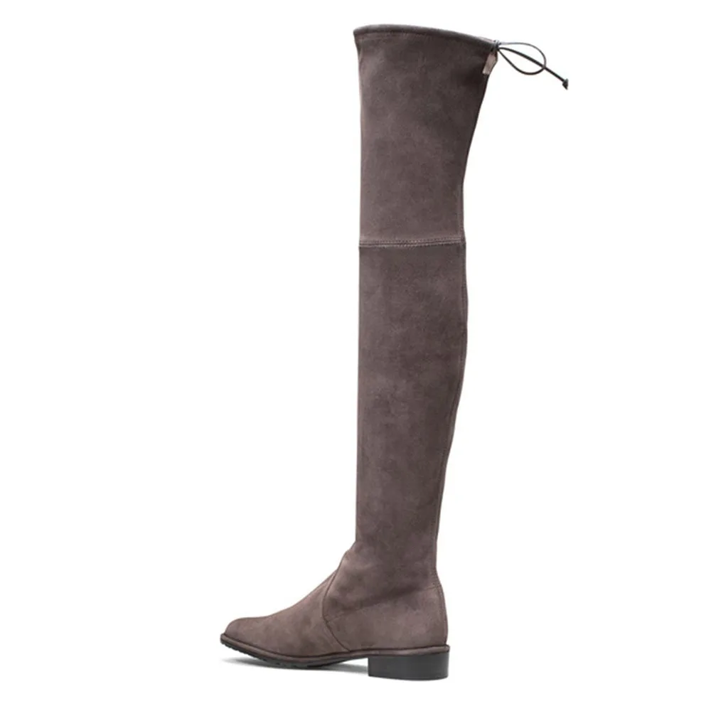 أحذية برباط مرنة فوق الركبة سوداء من جلد الغزال طويلة بوتاس نسائية مريحة بنعل مسطح للنساء أحذية نسائية