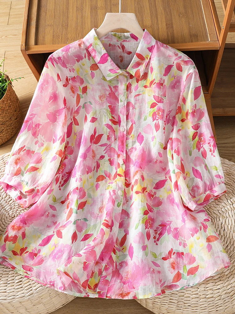 Floral Print Loose Casual Short Sleeve Shirt Women's Breathable Summer 2026 Turn-down Collar Top Comfortable Cotton Blend
