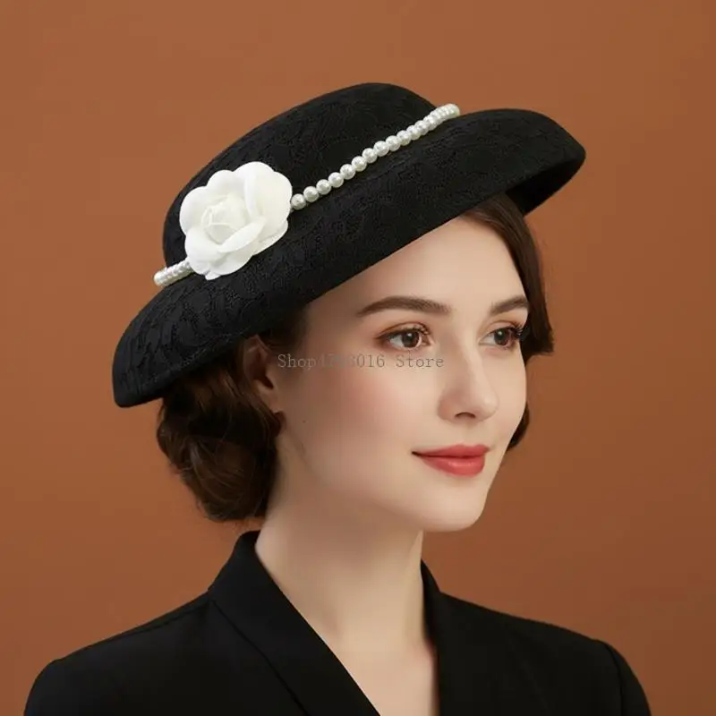 

Stylish Lace Embroidered Bucket Hat Pearls Flower Outdoor Event Hat