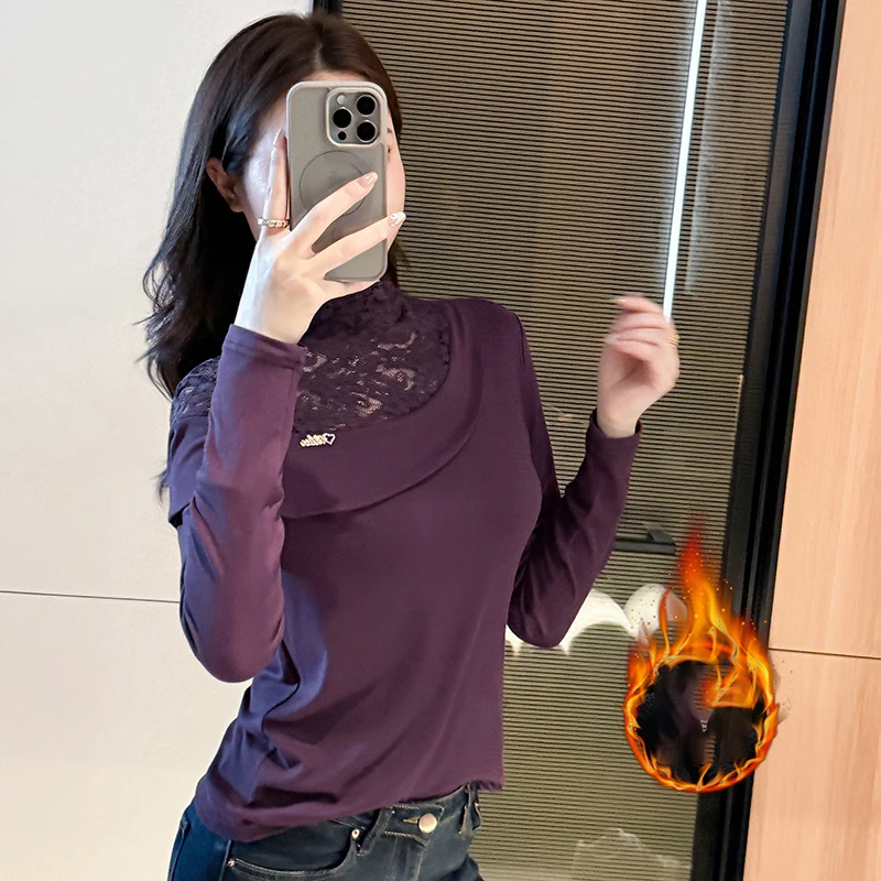 MadBlack-Women European Brushed T-Shirt, Sexy Mock Neck Lace Patchwork, Fashion Long Sleeve Slim S-3XL Tee, 2025 Fall T5O069CC