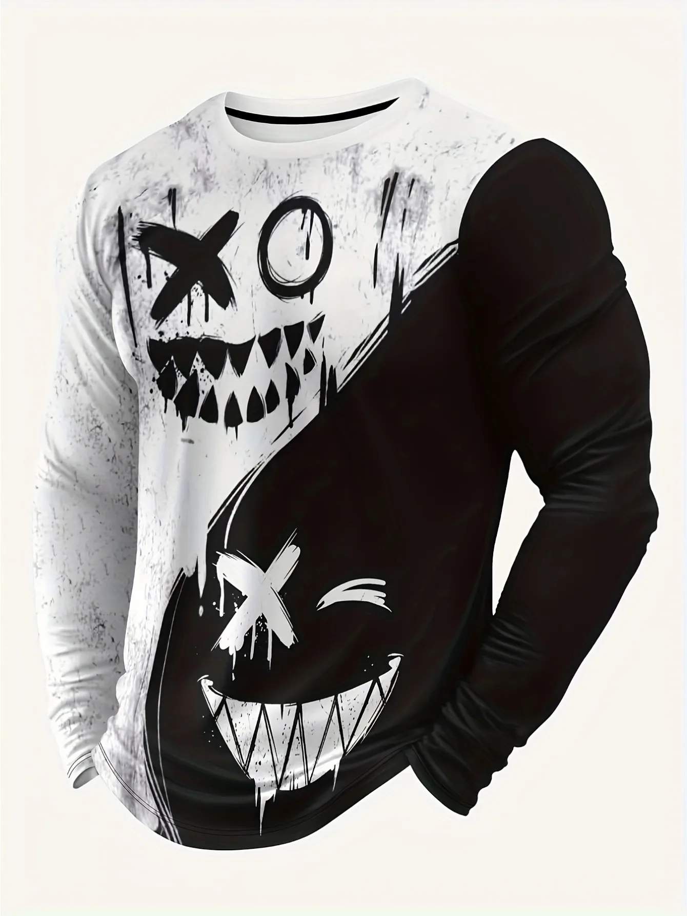New men's long-sleeved T-shirt for Spring and Autumn 2025 casual roller skating smiling face print street men's wear