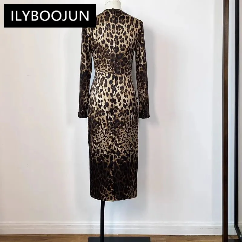 ILYBOOJUN Fashion Designer Early Autumn Silk Pencil Dress Women O-Neck Long Sleeve Leopard Print Vintage Party Slim Dresses