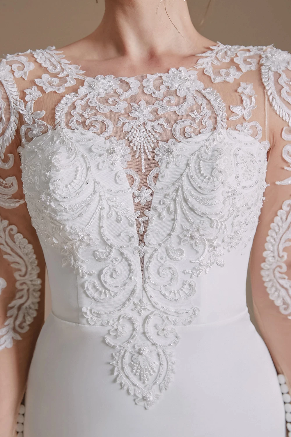 Luxe Trouwjurk Voor Dames 2024 Kanten Appliques Kralen Bruidsjurk Ronde Hals Lange Mouwen Hoftrein Zeemeermin Robe De Mariée