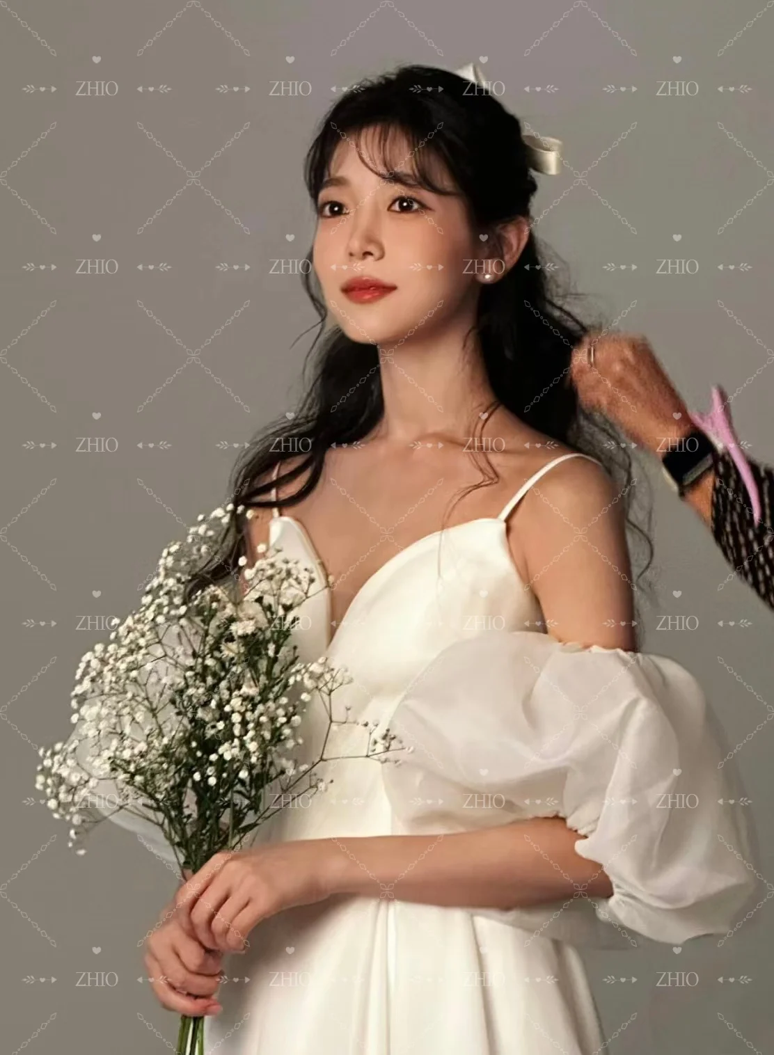 ZHIO Elegant Sweetheart Wedding Party Dress Remove Short Sleeves Ivory Organza Korea Photo Shoot Bridal Gown Custom 웨딩드레스