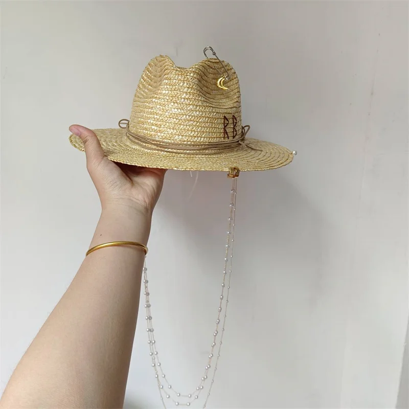 White straw hat pearl chain DIY flat top sun hat new Korean elastic ribbon hat beach hat candy color sun hat