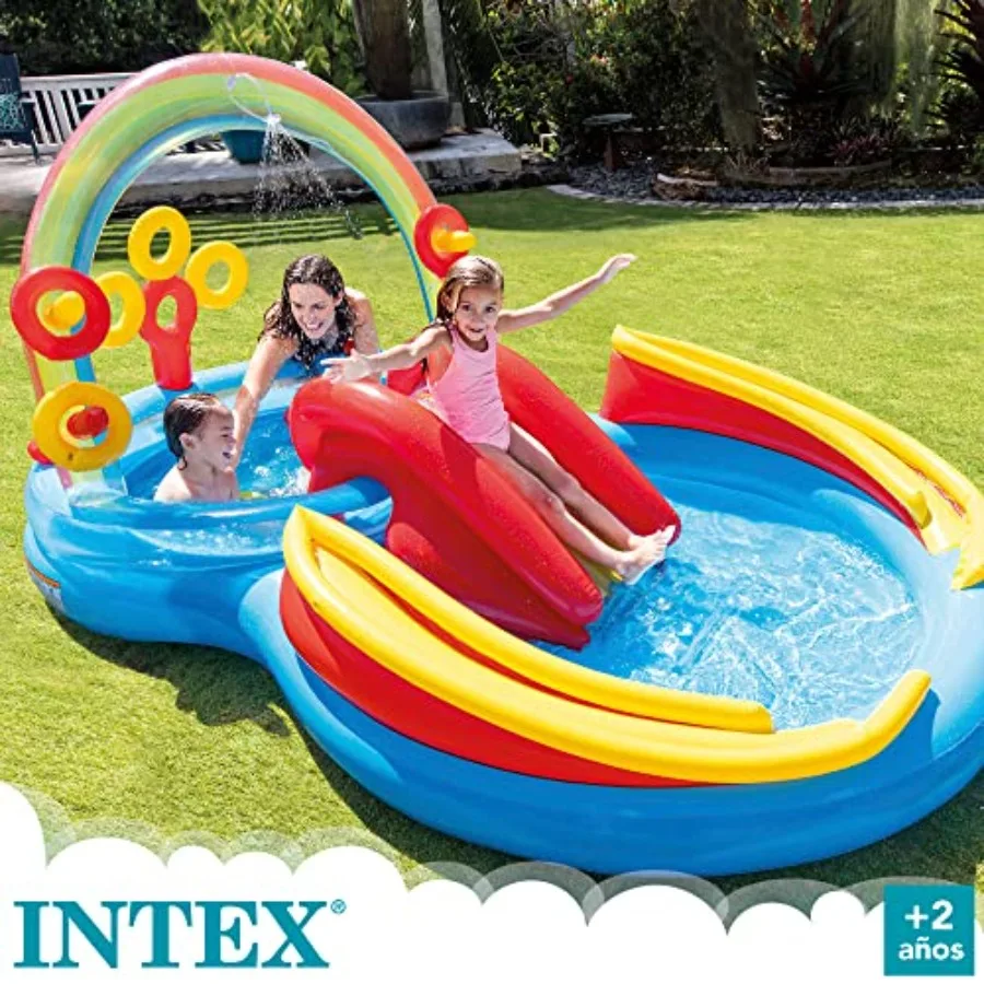 inflatable pool with water slide and ring toss for outdoor play PVC material multicolor rainbow durable and quick-inflating
