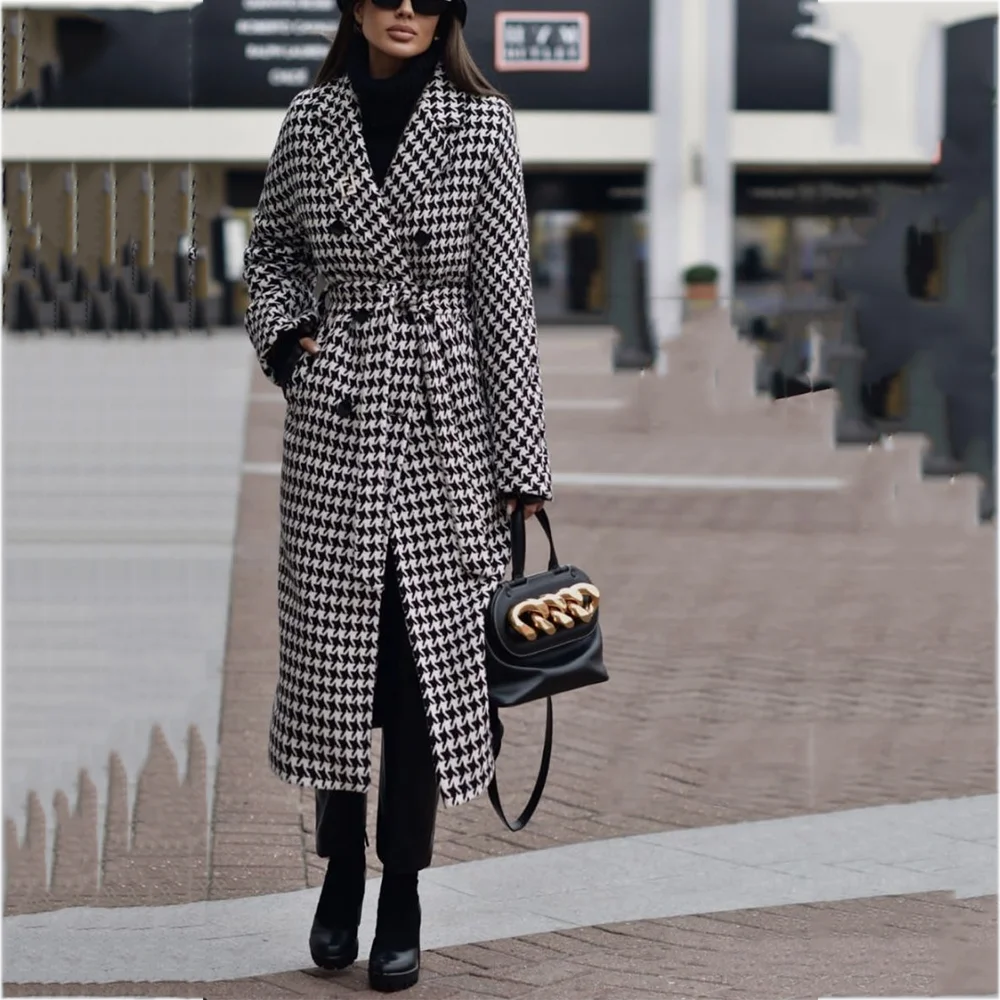 

White And Black Houndstooth Suits Jacket For Women Double Breasted Notch Lapel Tailored High Quliaty Luxury Blazer One Piece