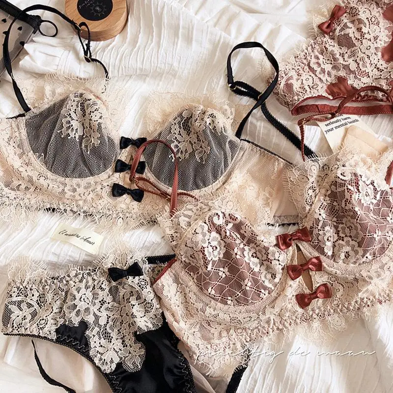 

French sexy eyelashes lace hollow ultra-thin underwear set with steel rings, large breasts, small gathering and anti-sagging bra