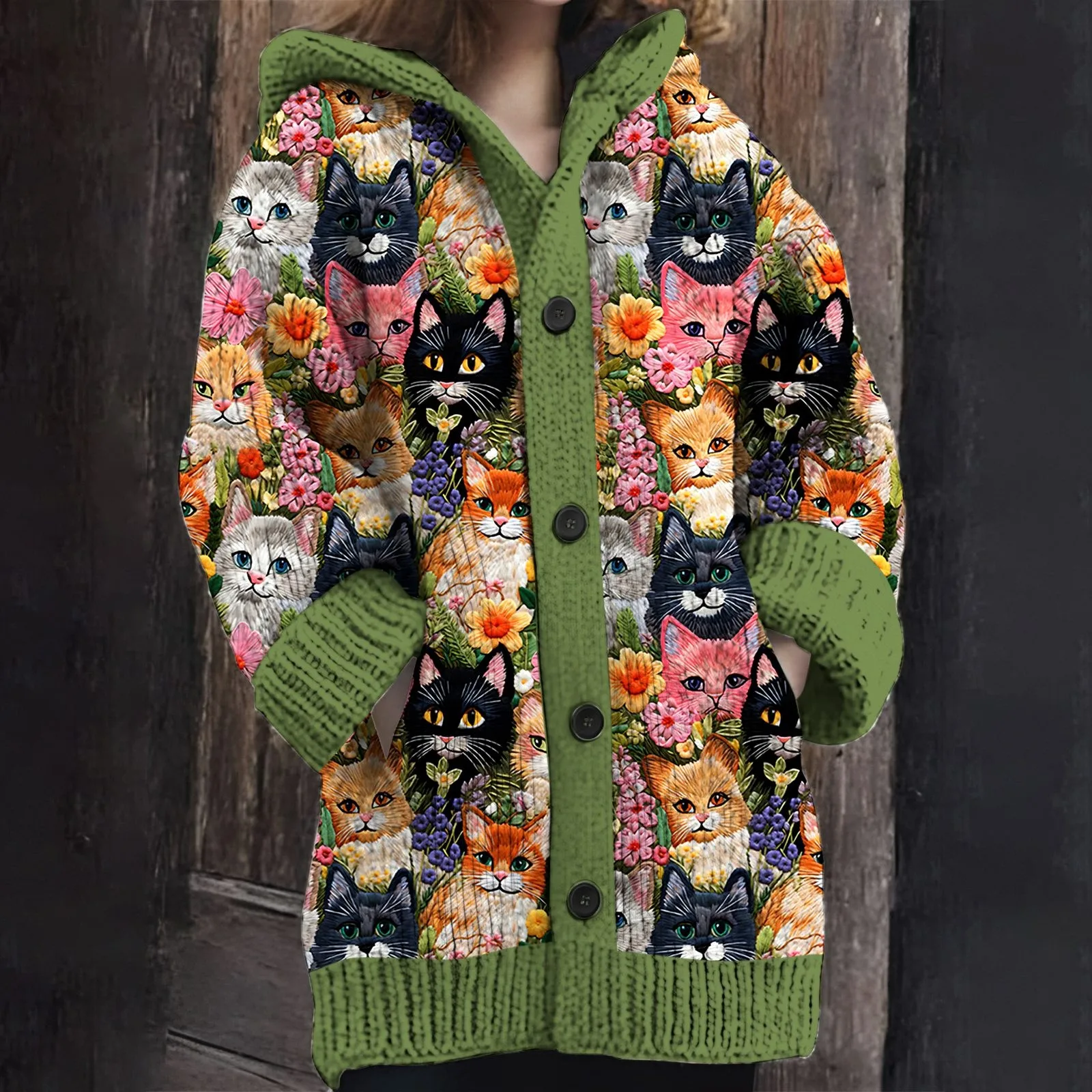 Women's Winter Outwear Cozy Knitted Hooded Cardigan With Pockets Cats Thick Warm Single Breasted Casual Style Sweater Jacket