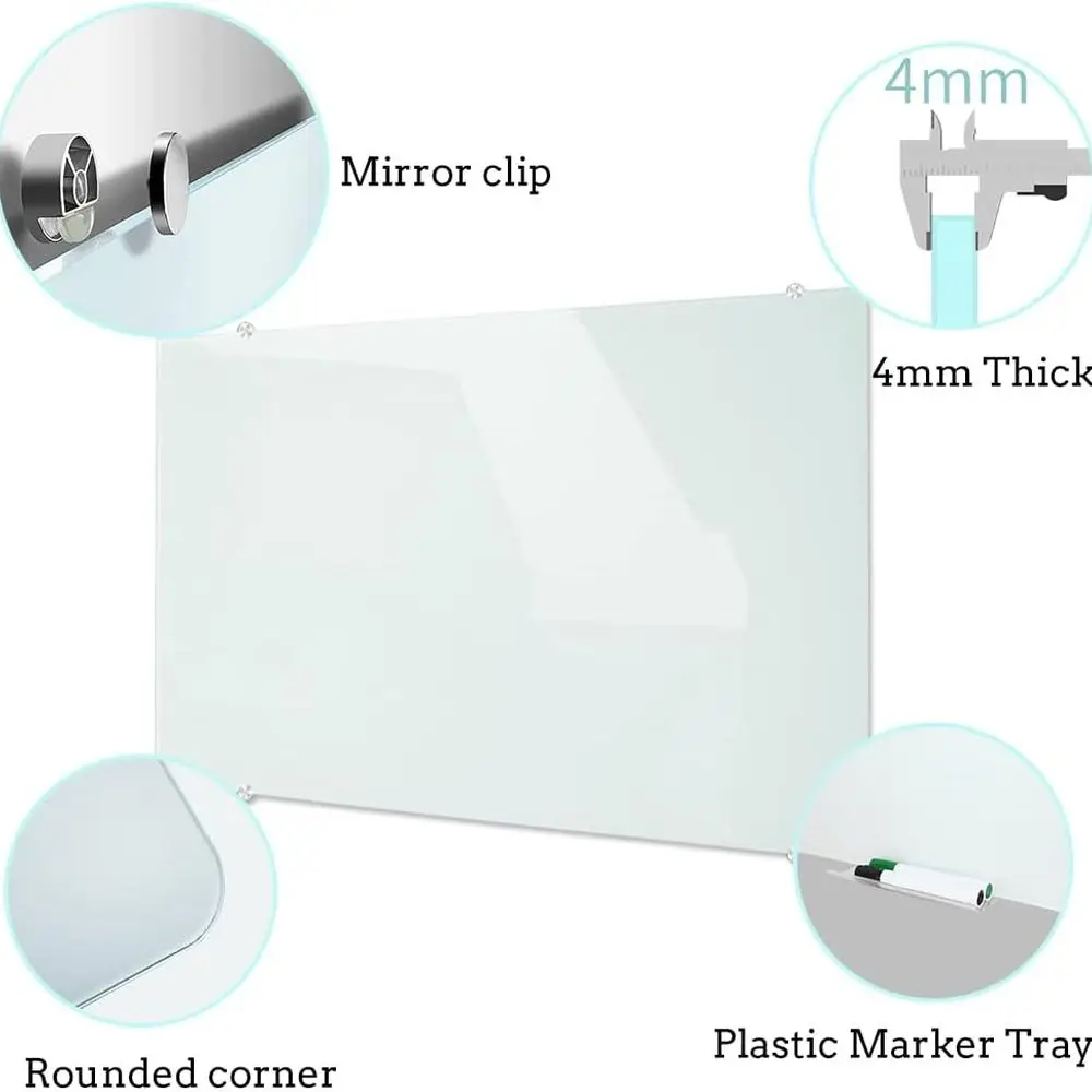 سبورة بيضاء زجاجية بدون إطار مثبتة على الحائط، مقاس 36 × 24، مع صينية ألومنيوم، 4 أقلام، ممحاة ومغناطيسين