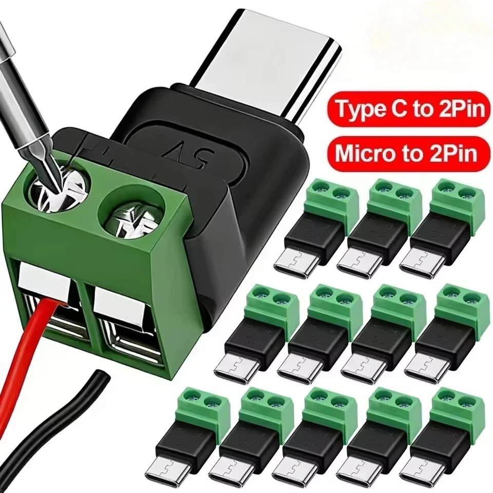 Type C/Micro Female To 2 Pin Terminal Block Solderless Charging Connector 5V USB C Screw Terminal Solderless Plug OTG Adapters