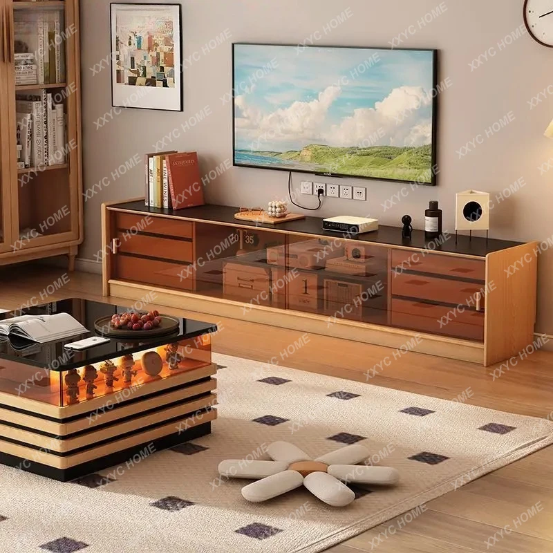 

Тумба под телевизор из массива дерева от пола до потолка, комбинация с кофейным столиком, тумба для хранения вещей из натурального дерева.