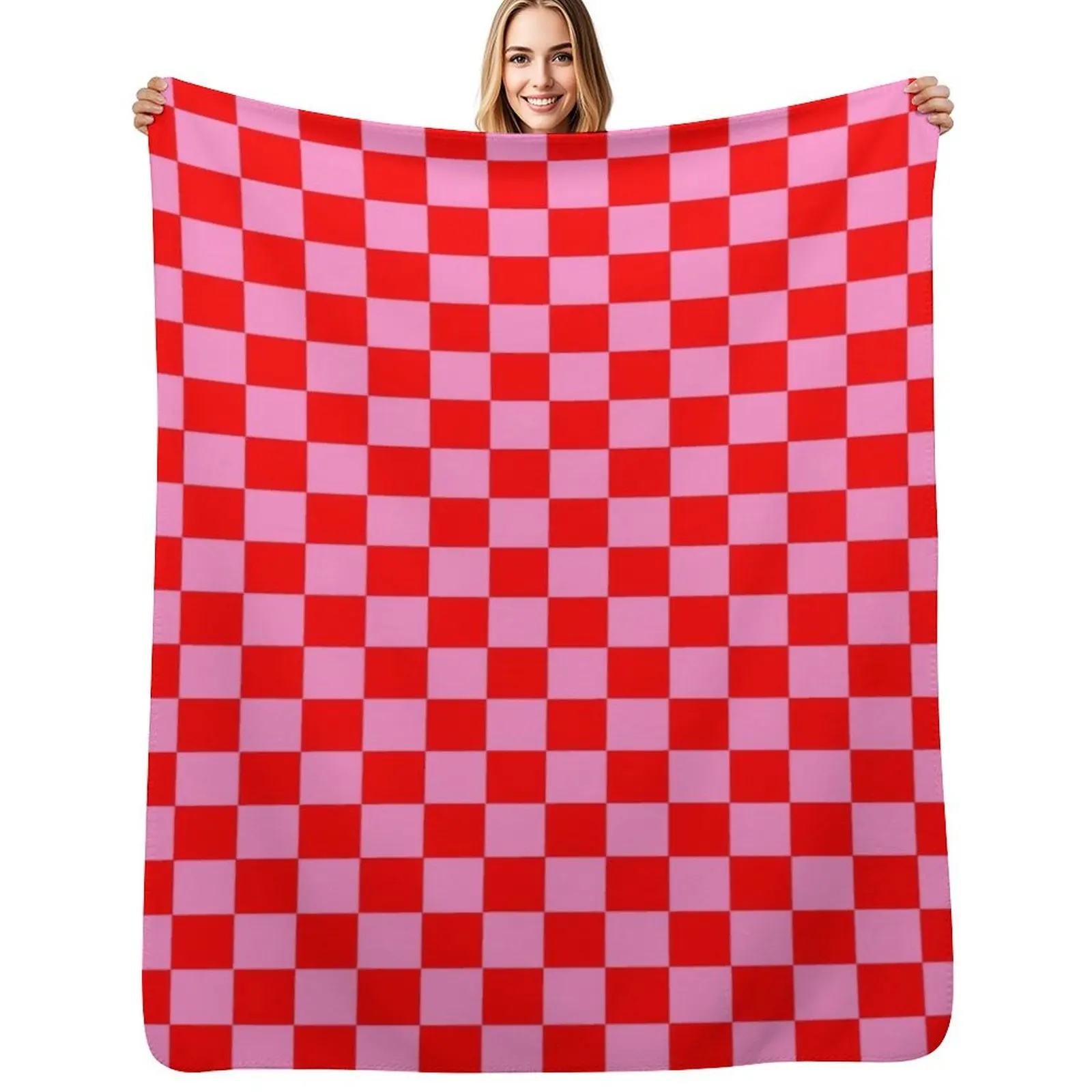 

red and pink checker pattern Throw Blanket Luxury Thicken Cute Plaid Thins Furry Blankets
