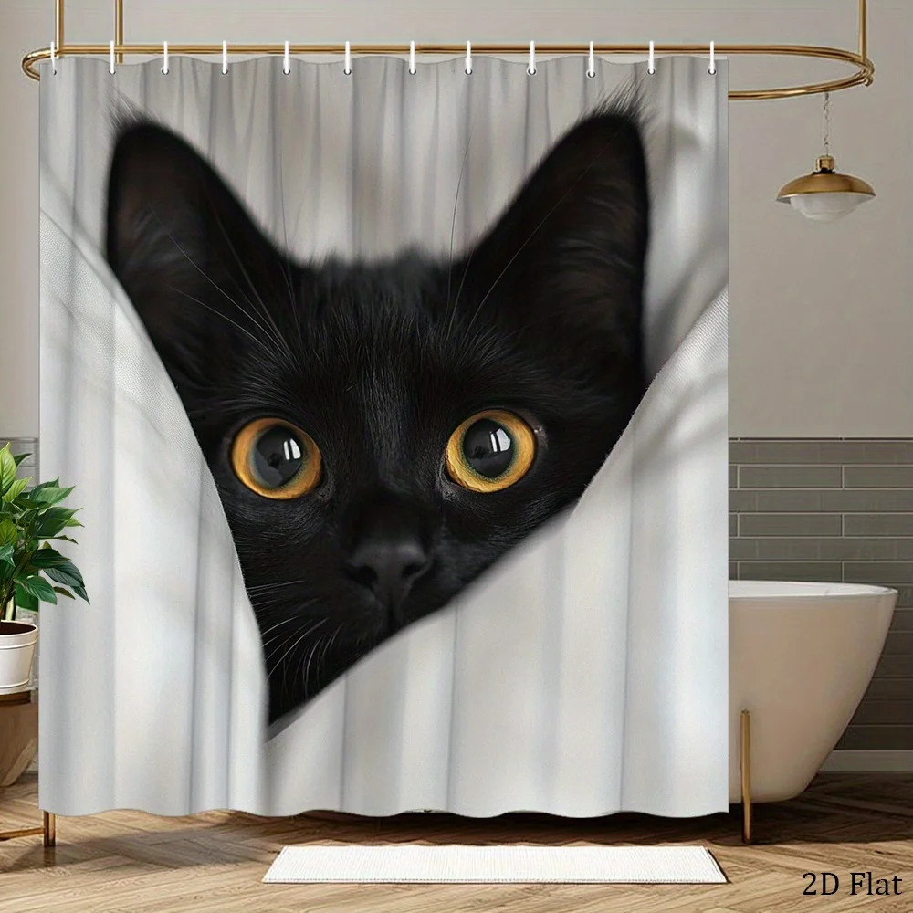 2D Flat, 1pc 2D Flat Black Cat with Yellow Eyes Shower Curtain Cozy White Bedding Smooth Fur with 12 Hooks 70.8X70.8 Inch