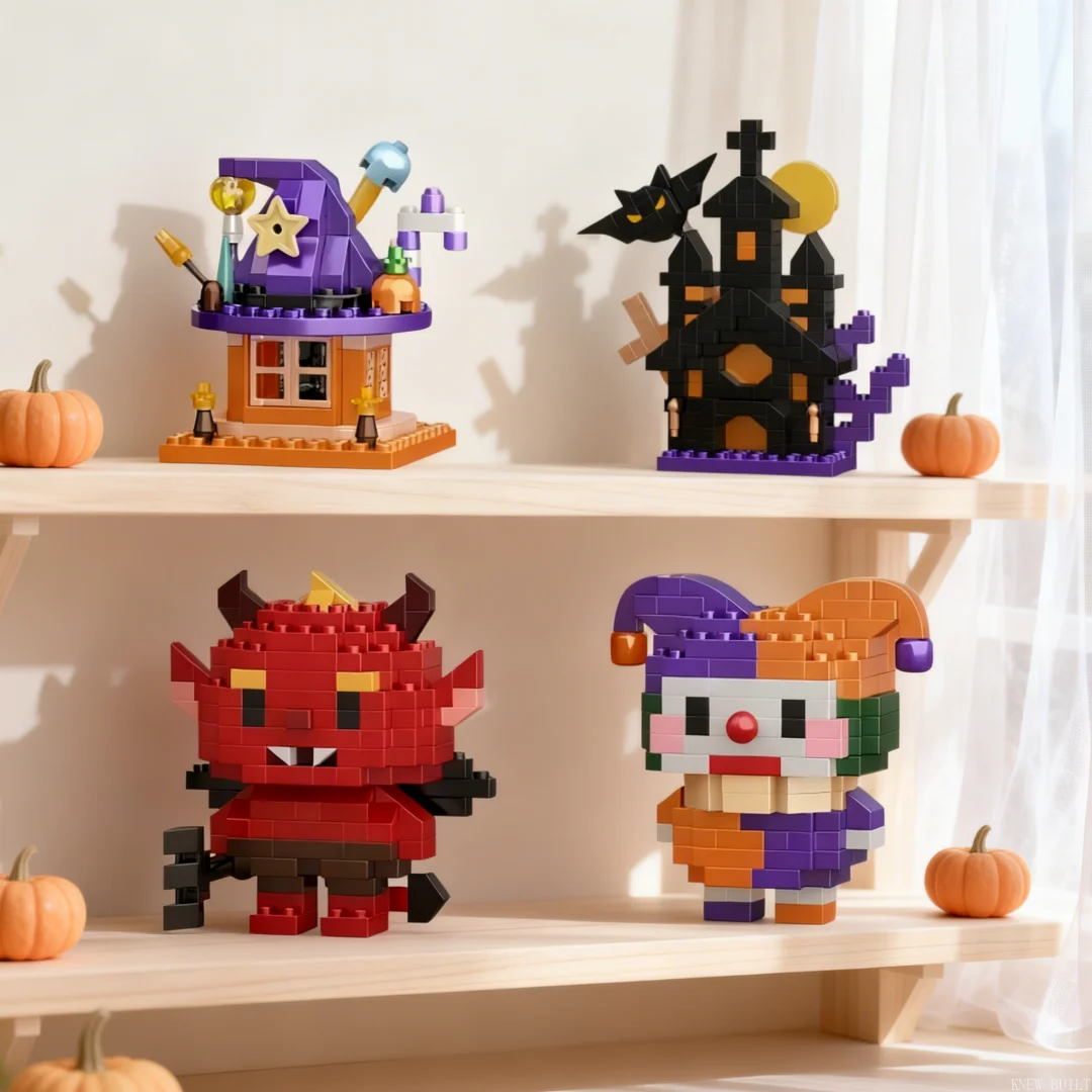 KNEW BUILT Cartoon Skeleton Pumpkin Ghost House Halloween Micro Building Blocks–Easy DIY Party Favor,Stress Relief Toy for Kids