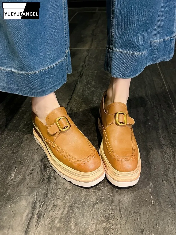 British Style Women Wedges Pumps Buckle Round Toe Split Leather Office Ladies High Heel Platform Shoes Vintage Casual Loafers