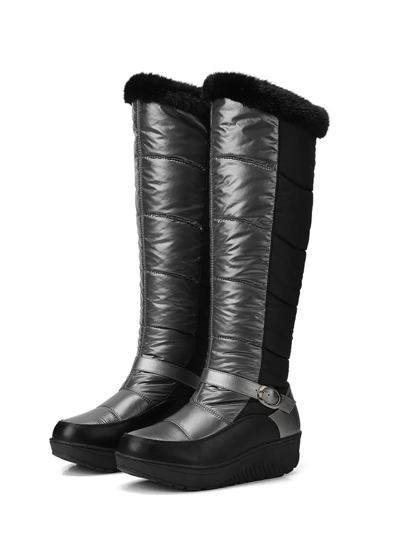 Women Snow Boots 2026 Winter Black Knee-high Booties Keep Warm Waterproof Cloth Padded Cotton Wedges Fur Plush Platform Shoes