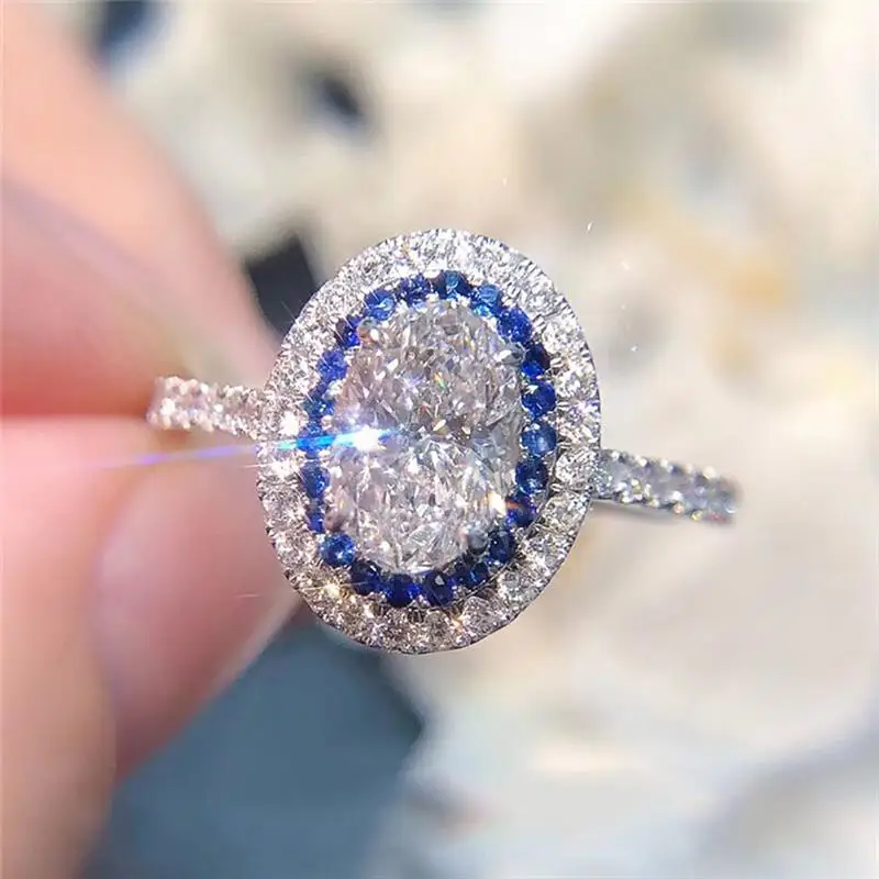 Huitan Oval Women Ring Slim Party Stackable Daily Versatile Inlaid Bright Blue/White CZ Wedding Bridal Jewelry Fashion Lady Gift
