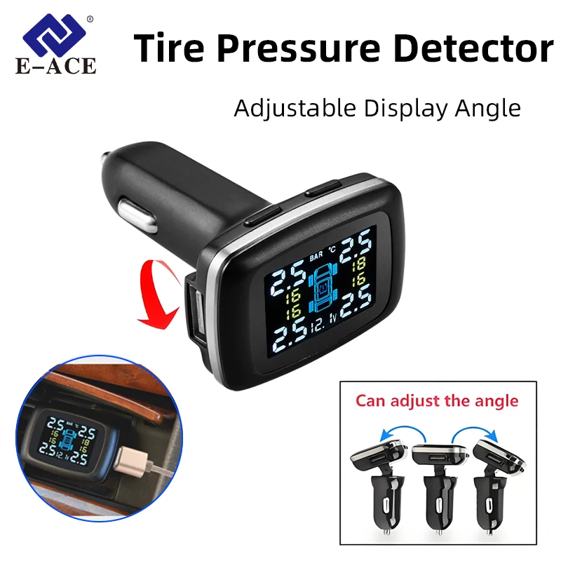 E-ACE Cigarette Socket TPMS Sensor Tire Pressure Monitoring System Auto Tire Air Pressure Security Alarm with 4 Sensors