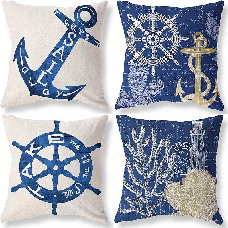 Navy Sea Elements: Anchor, Wheel & Lighthouse Pattern Cushion Cover Suitable For Sofa Bedroom Car Pillow Cover