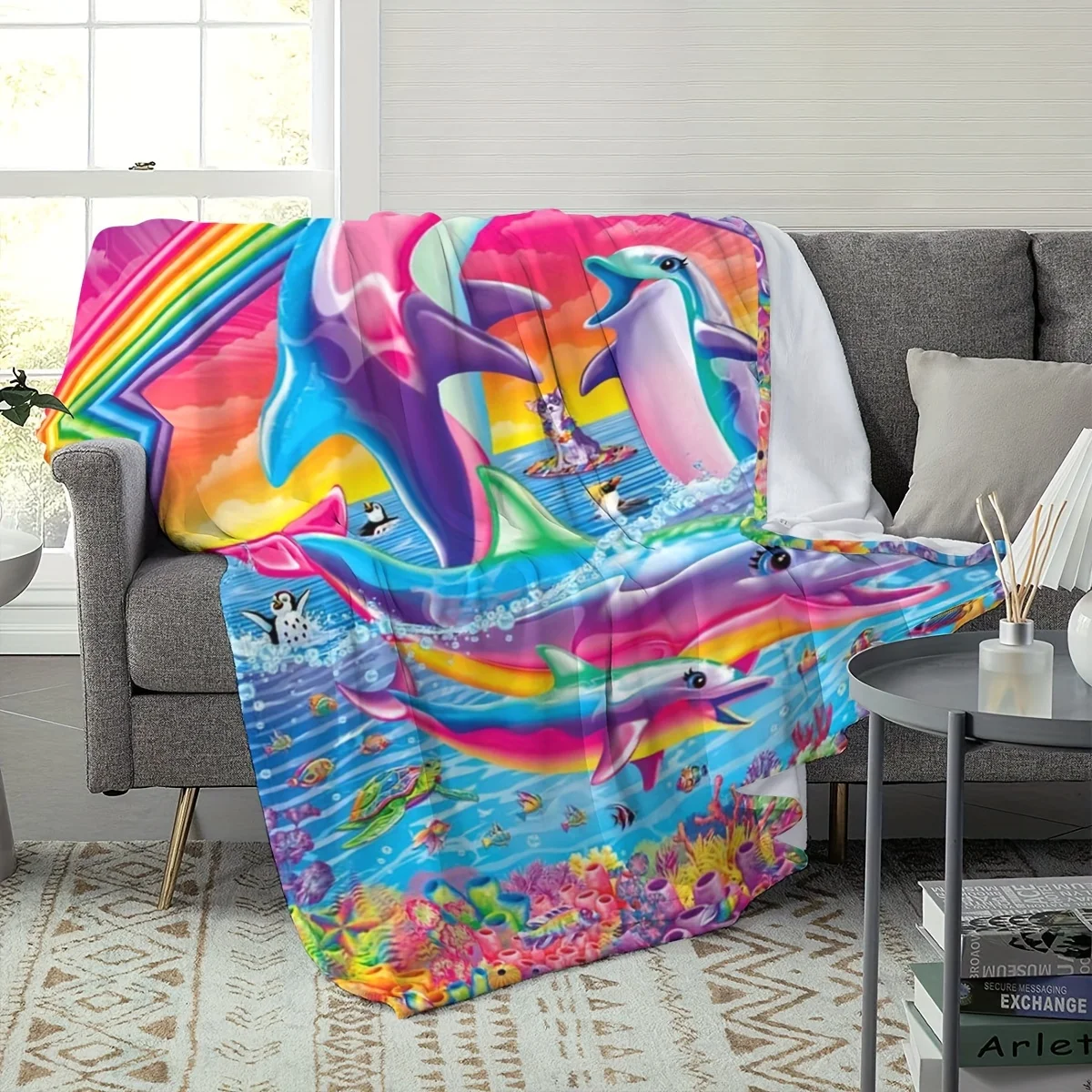 Colorful Dolphin and Marine Life Flannel Throw Blanket - Soft, Warm, Tear-Resistant, All-Season Comfort for Couch,Bed,or Camping