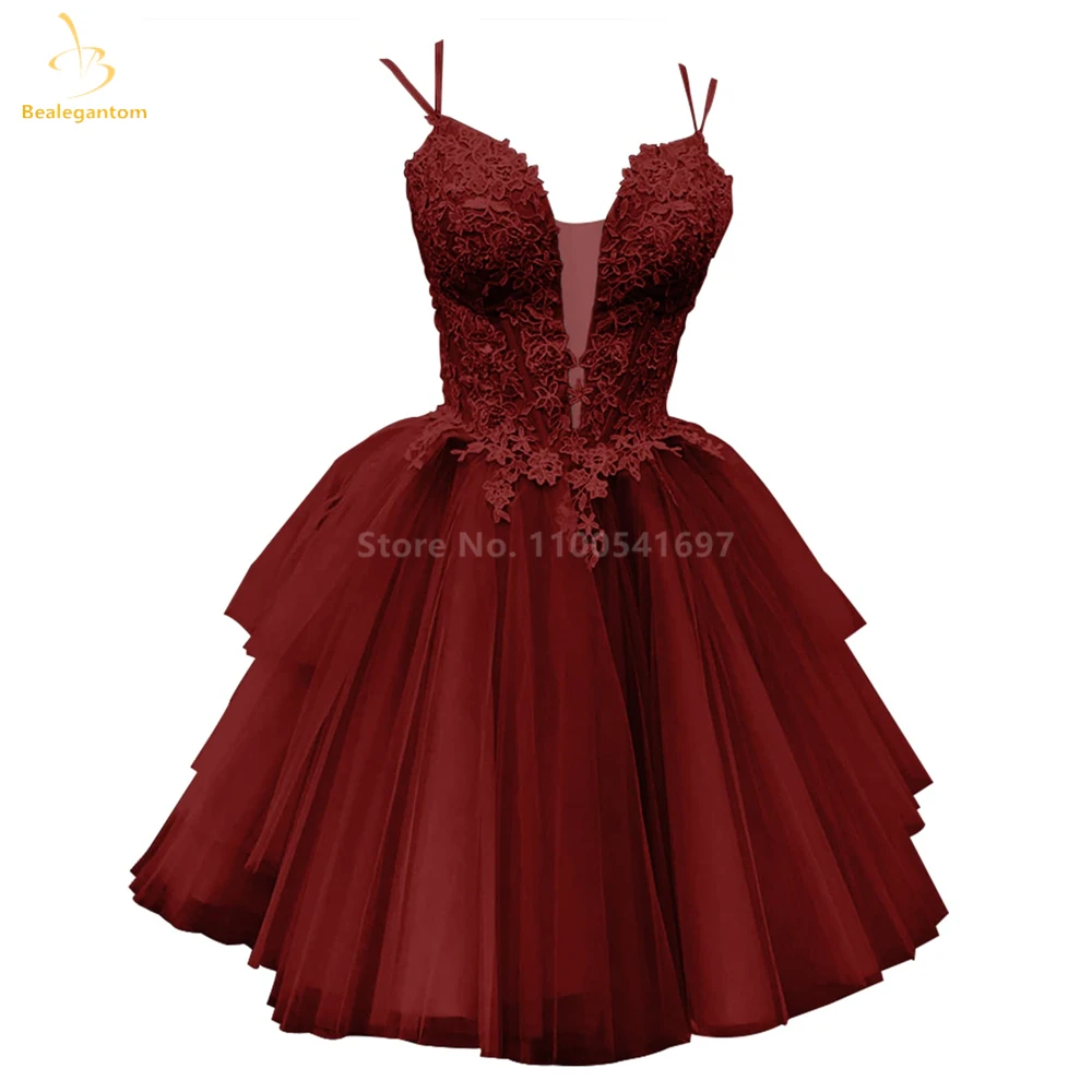 Bealegantom New Lovely Lace Illusion V Neck Short Prom Dresses 2023 Tulle Appliques Homecoming Graduation Formal Party Gown