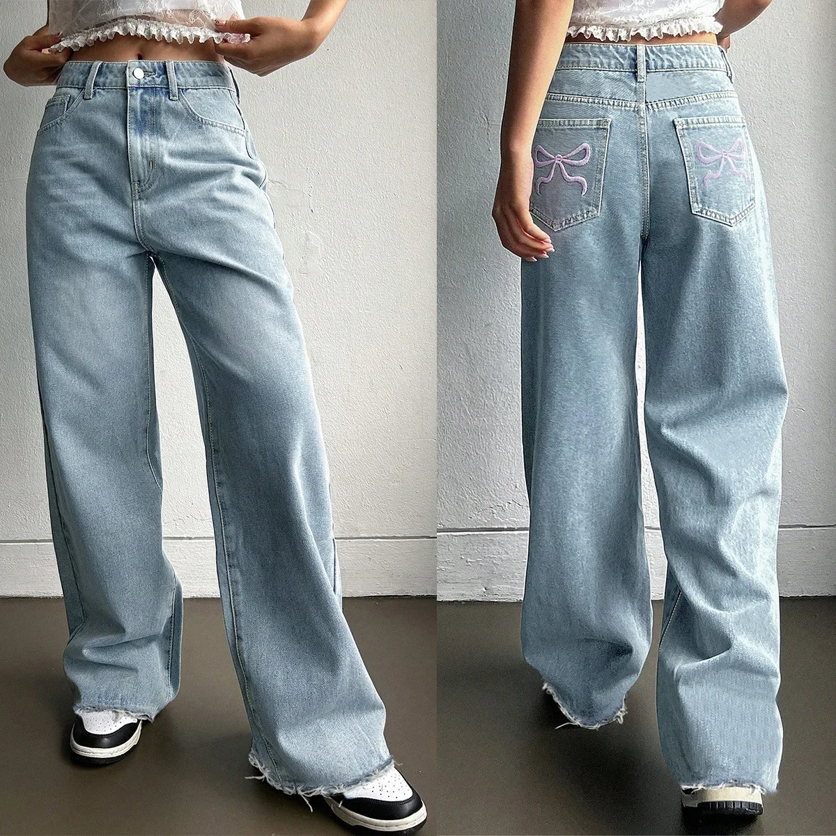 

Jeans Straight Pants Women Embroidery Bow Full Length Pockets Low Waist Washed Distressed Vintage Denim Trousers 2025 Streetwear