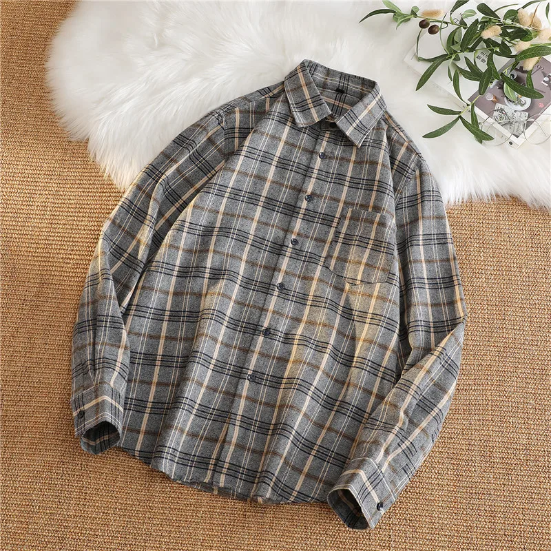 

Рубашка мужская в клетку, винтажная Повседневная Уличная одежда, свободного покроя, с воротником-поло, хлопковая с длинными рукавами, в Корейском стиле