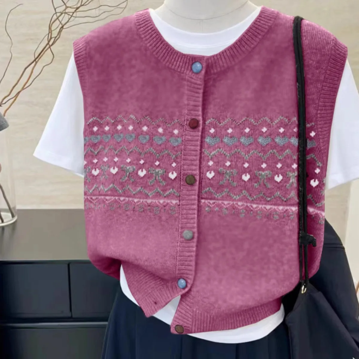 Retro Jacquard Knitted Cardigan Vest Women's Fall/Winter Cashmere Round Neck Lazy Wind Loose and Casual Stacked vest
