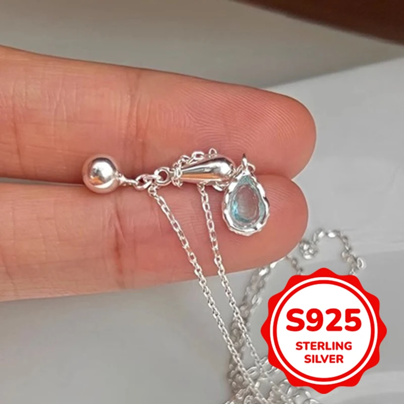 

S925 authentic sterling silver blue water drop necklace for women fashion elegant retro exquisite simple daily classic