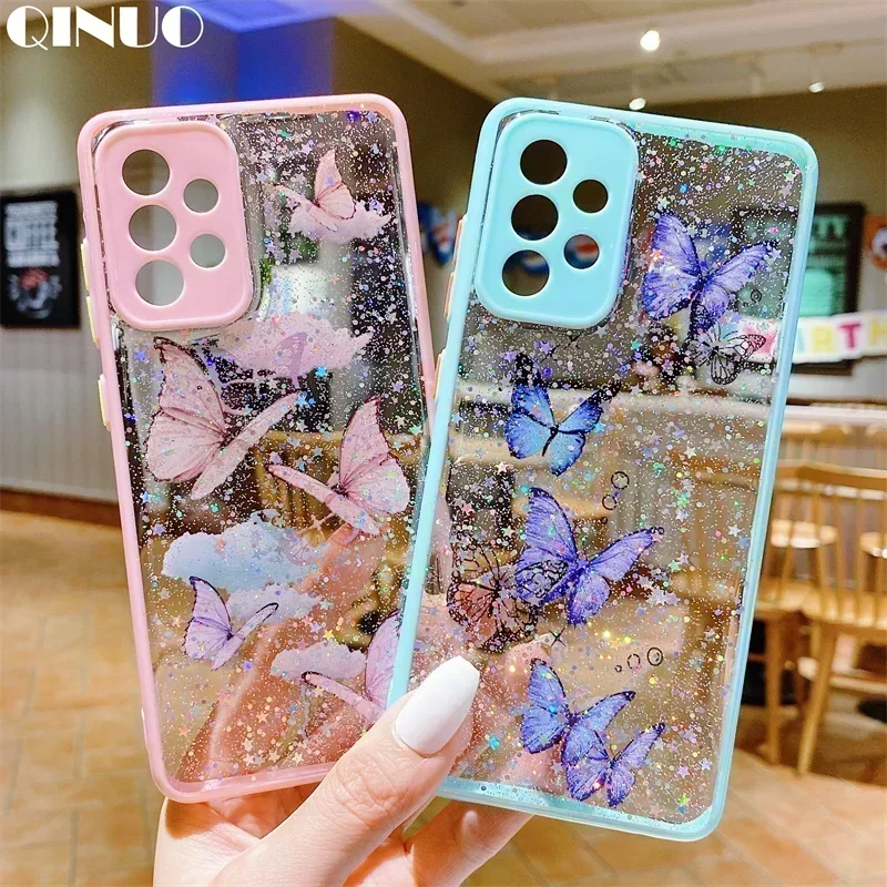 Glitter Sequin Butterfly Case For Samsung Galaxy S24 S23 S22 S21 S20 Plus Ultra FE A14 A54 A34 A73 A53 A33 A13 A72 5G Soft Cover