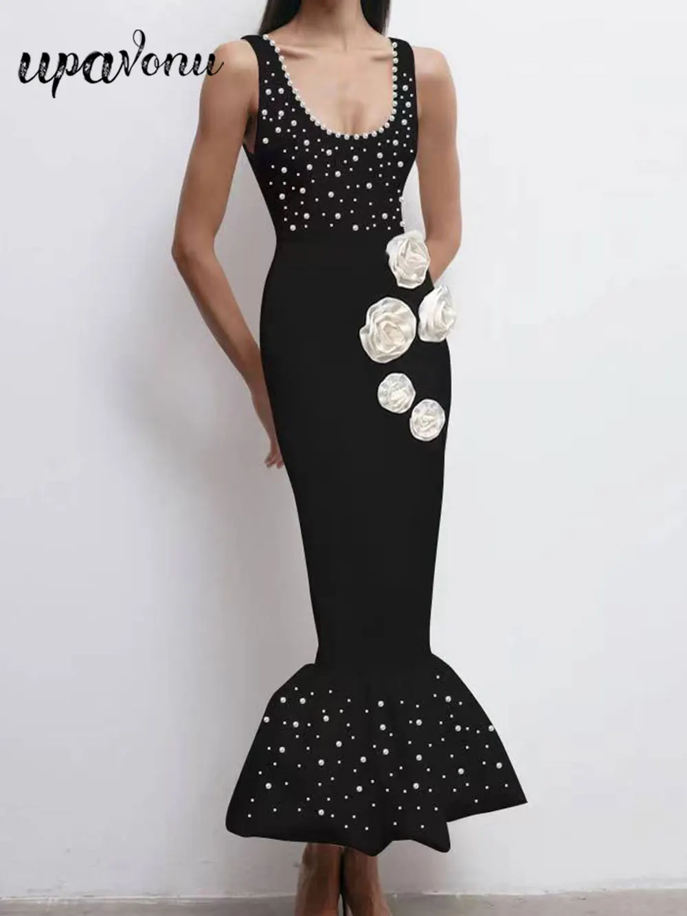 

2024 Sexy Women's Black Fishtail Bandage Dress Camisole Sleeveless Heavy duty Nail Pearl Flower Decorative Dress Party Vestidos