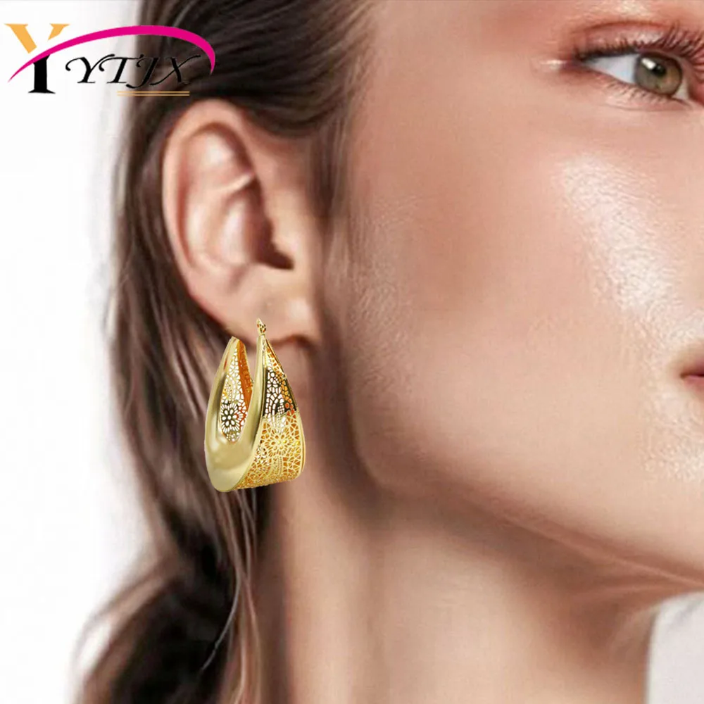 

YTJX Hollow Out Big Earrings Hight Quality 18k Gold Plated Piercing Earrings For Women Autumn and Winter Jewelry Accessories