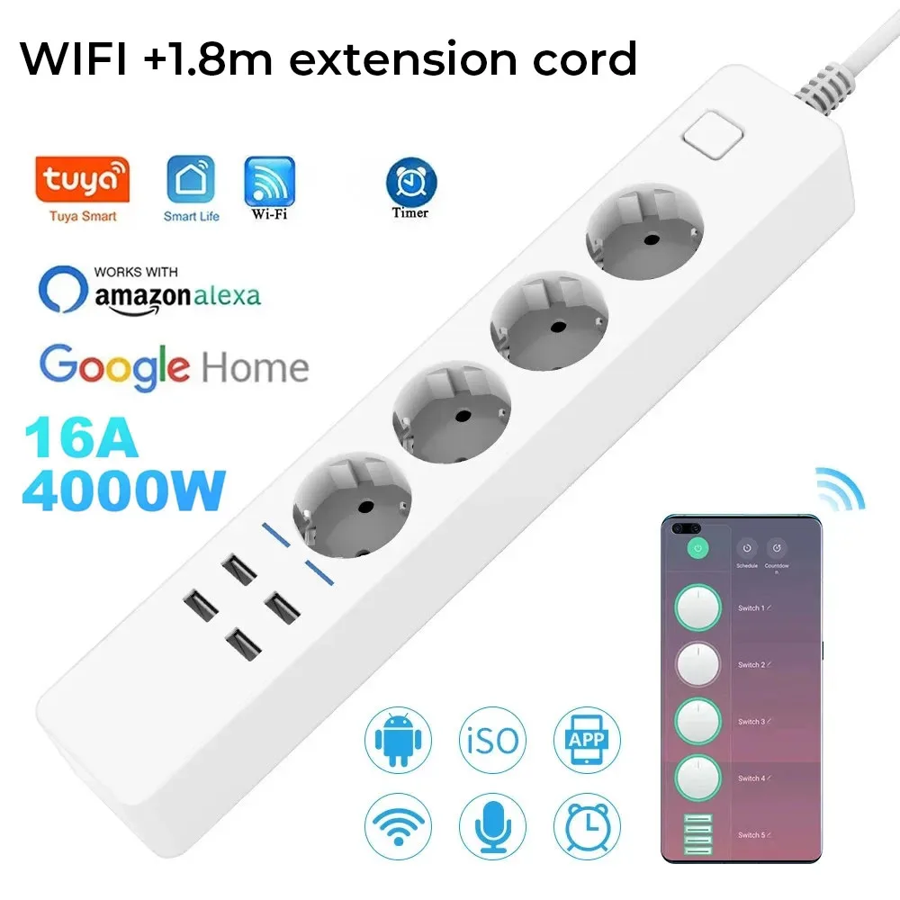 Wifi Smart Power Strip 4 EU 4 USB Outlets Plug 5V 3.1A Charging Port Timing Bluetooth Control with Alexa Google Home Assistant