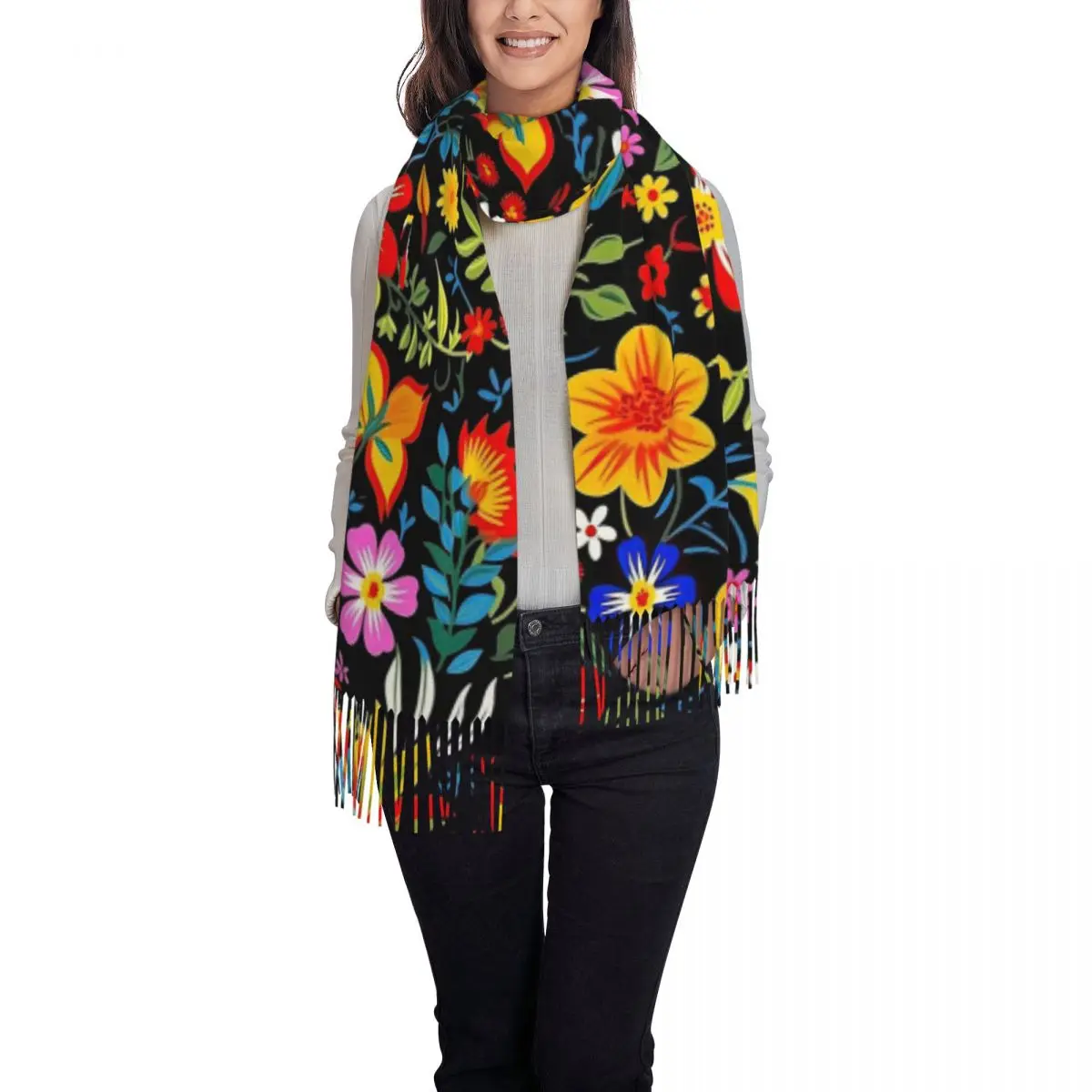 Mexicano vintage flroal rebozos mexicanos cachecol borla cachecóis para mulheres xales macios e quentes e envoltórios longo outono inverno xale envoltório