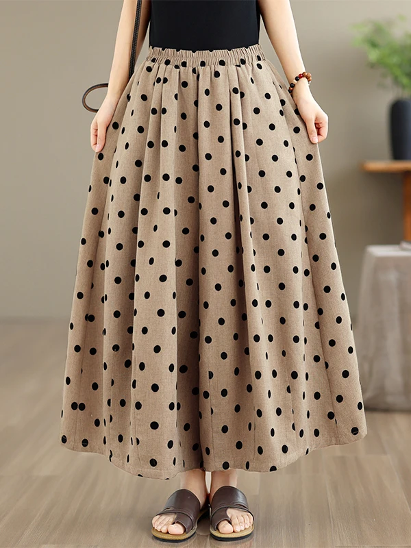 Artistic Khaki Polka Dot Cotton Linen Wide Leg Skirt Pants Women Summer High Waist Draped Loose Pear Shape Slimming Long Pants